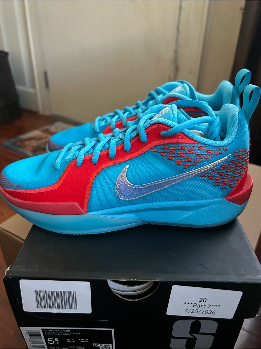 Nike Sabrina 2 Low-Top Sneakers in Bright Cyan & Red with Iridescent Swoosh